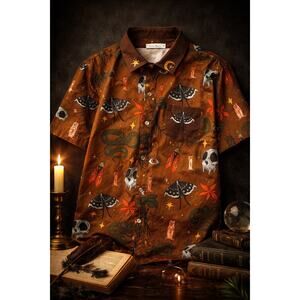 Theo Masters Occult Print Shirt Moths Snakes Skull Button Up Gothic Dark Mens